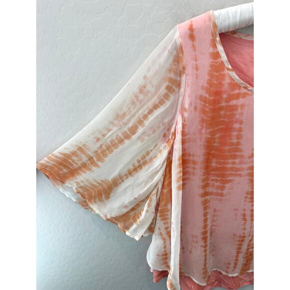 SOFT SURROUNDINGS | Pink Tie-Dye Sheer Layered Blouse Boho Bell Sleeves | Medium - Picture 3 of 8